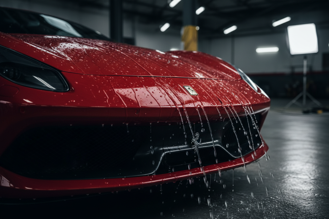 Auto rojo con protección cerámica hidrofóbica