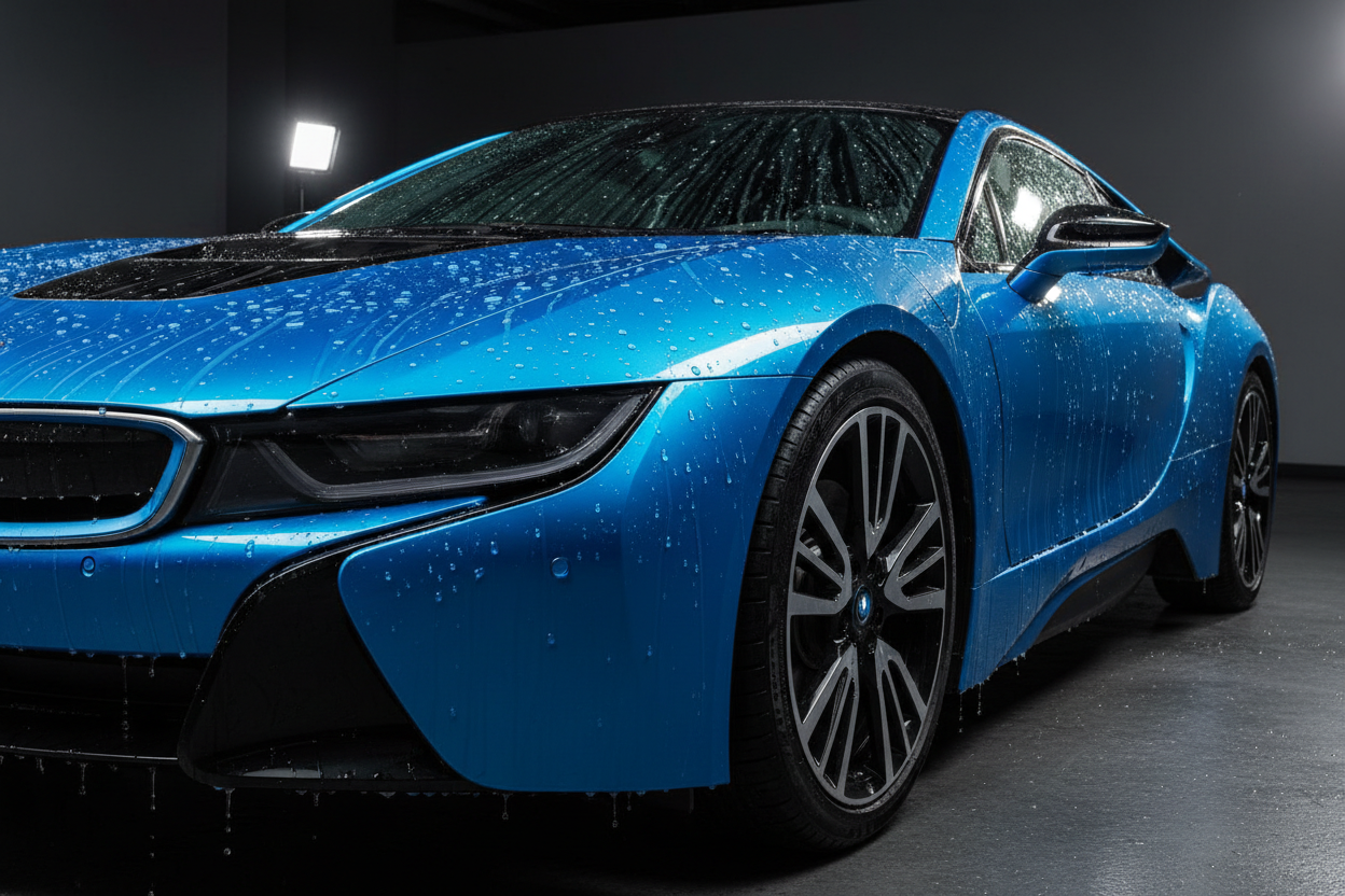 BMW azul con protección cerámica hidrofóbica