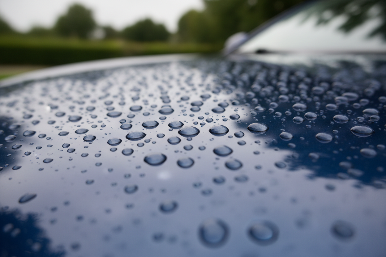 Close-up realistic photo of water droplets on a clean car surface after light rain. Smooth paint, natural reflections, subtle hydrophobic effect, outdoor lighting, authentic customer-style image, no text, no logos.