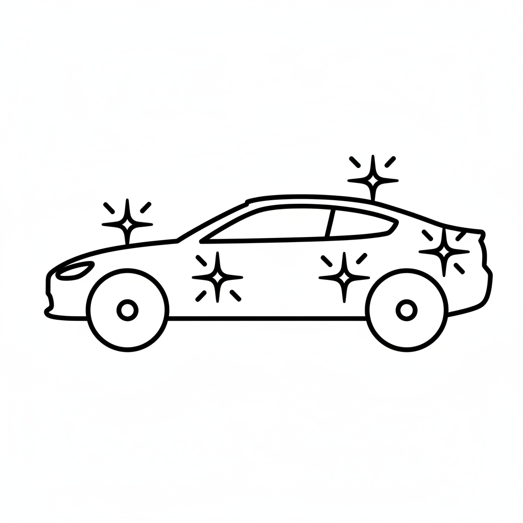 Minimal line icon of a sparkling car surface, representing instant shine and gloss. Clean outline style, modern, premium, monochrome black, flat design, no background, no text, professional ecommerce icon.
