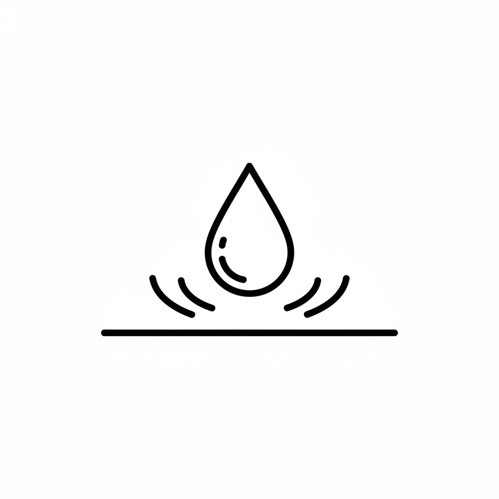 Minimal line icon of a water droplet repelling from a surface, representing hydrophobic effect. Simple outline, modern premium style, monochrome black, flat design, no background, no text, ecommerce-friendly icon.