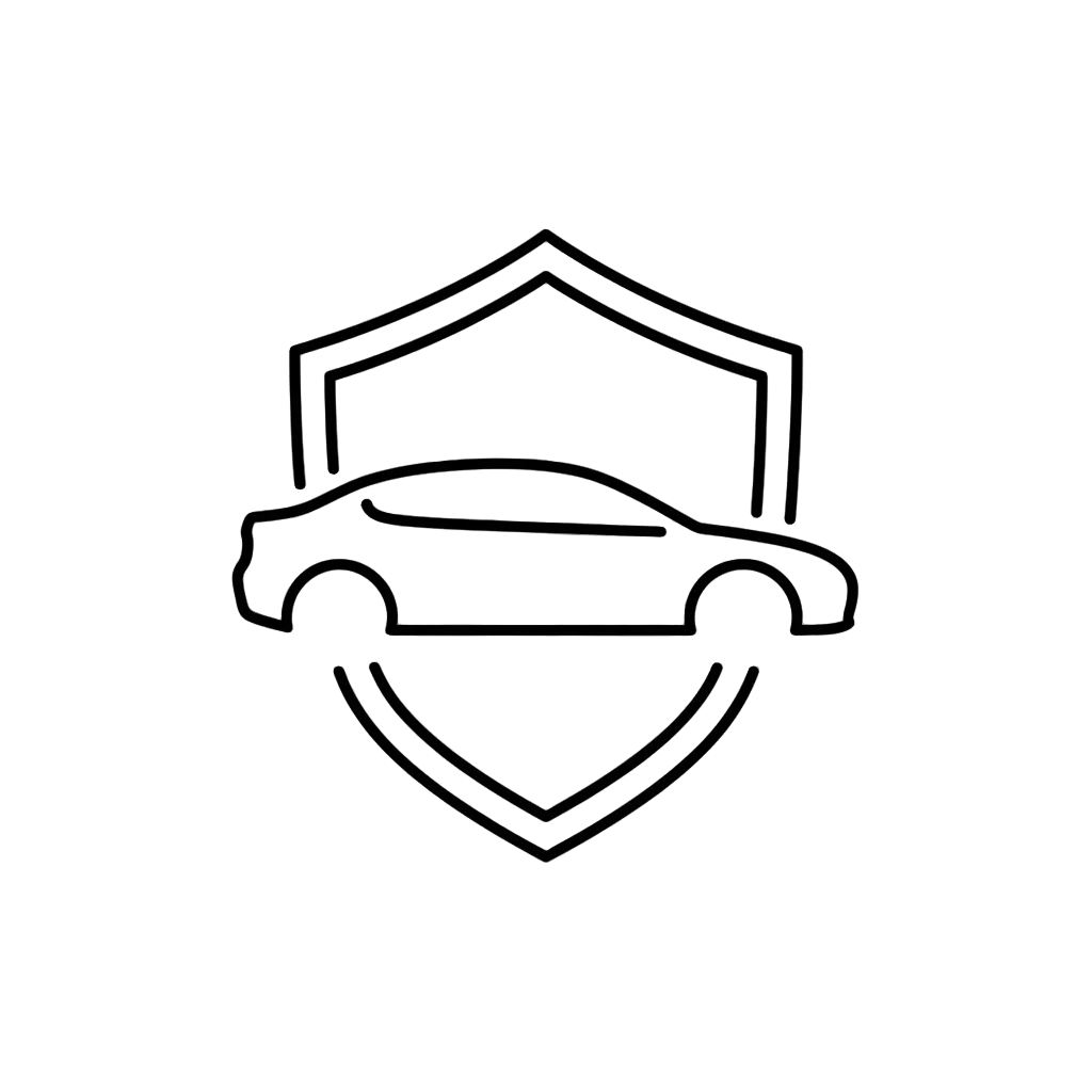 Minimal outline icon of a shield protecting a car, representing protective coating. Clean line style, modern and professional, monochrome black, flat design, no background, no text, suitable for ecommerce product benefits.