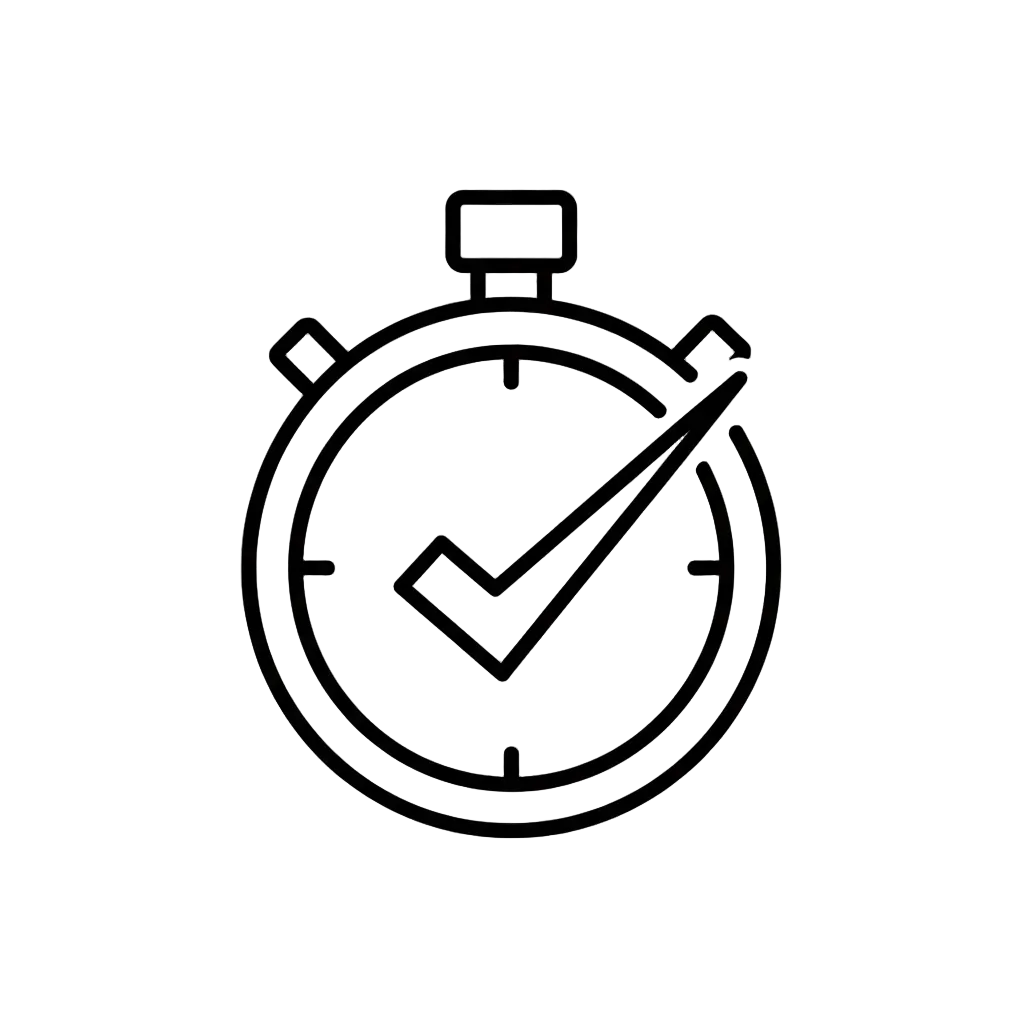 Minimal outline icon of a stopwatch with a check mark, representing quick and easy application. Clean modern line style, monochrome black, flat design, no background, no text, professional ecommerce icon.