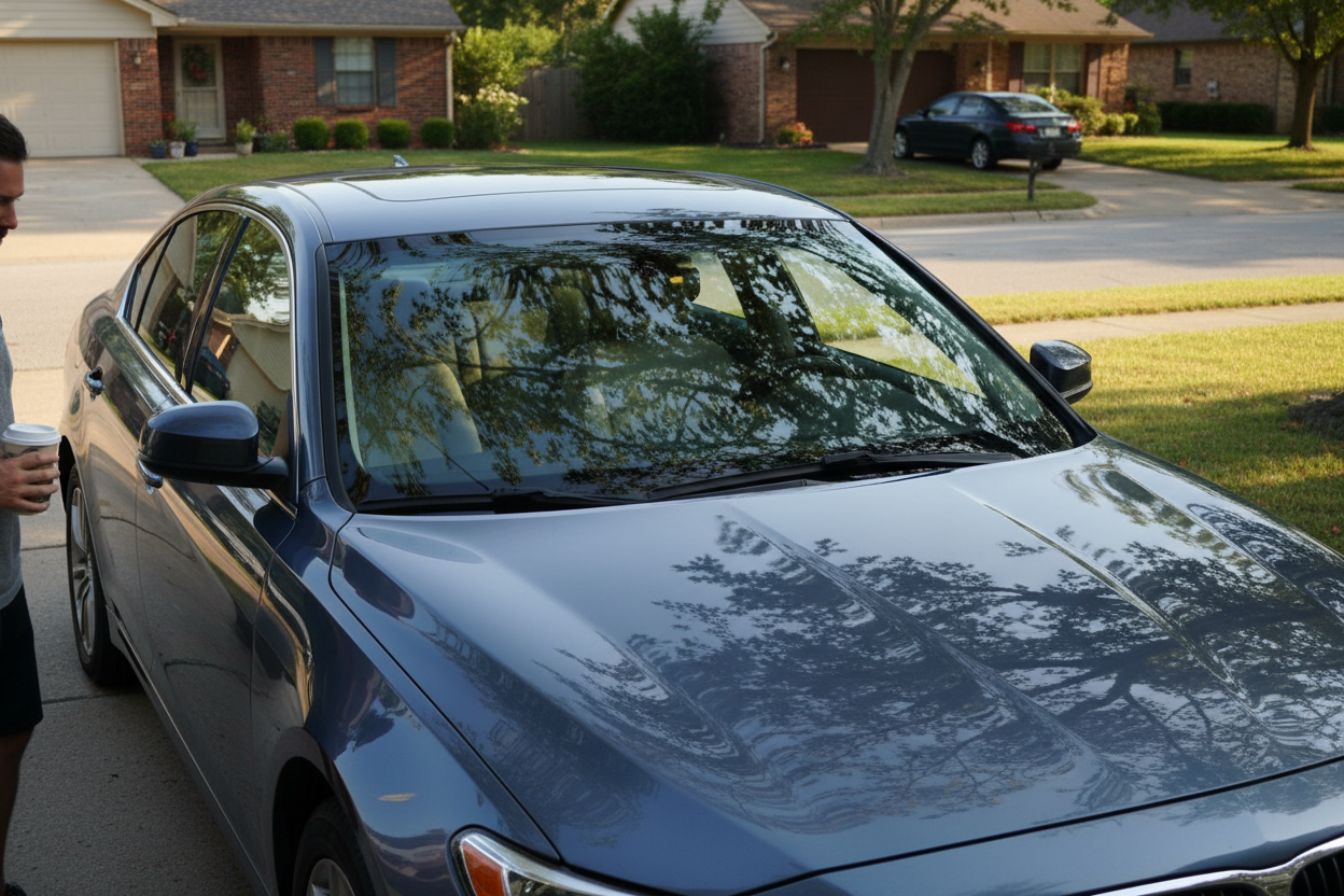 Realistic lifestyle photo of a clean car parked outdoors with visible glossy reflections on the hood. Natural sunlight, smooth and polished paint surface, everyday setting, subtle shine, authentic customer photo style, no text, no logos, no branding.