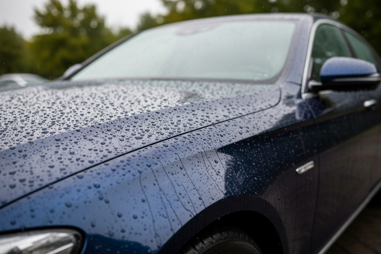 Realistic photo of a car after rain with water droplets beading and rolling off the surface. Natural outdoor lighting, clean paint, soft reflections, realistic hydrophobic effect, authentic customer-style image, no text, no logos.