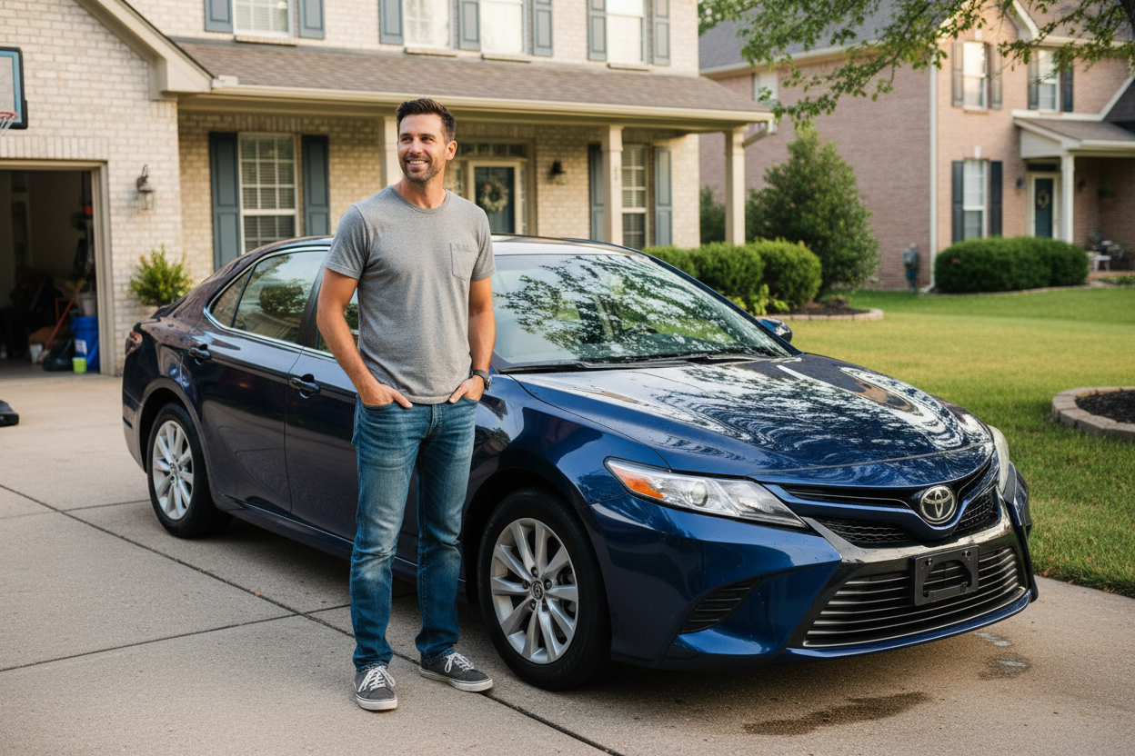 Realistic photo of a casual car owner standing next to a clean car in a driveway. Relaxed posture, everyday environment, well-kept vehicle, natural lighting, authentic non-professional look, no text, no logos.