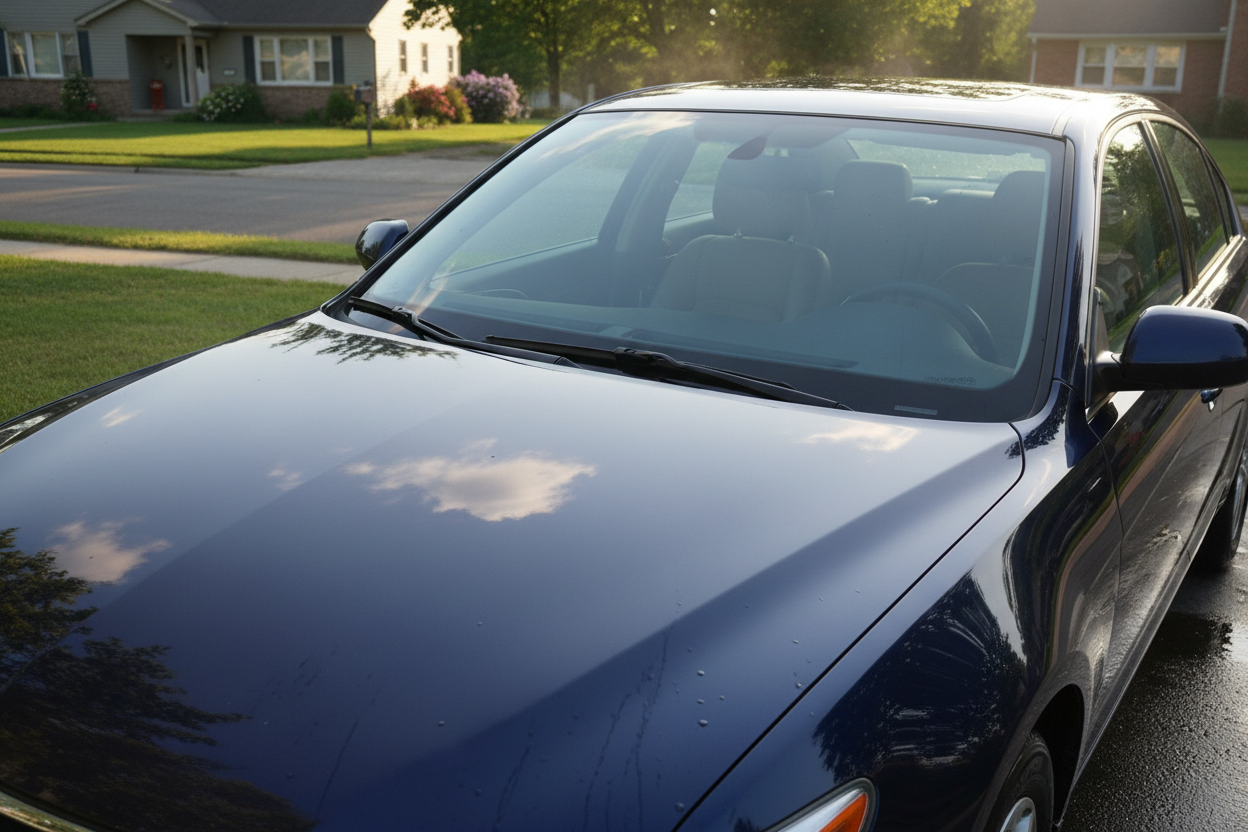 Realistic photo of a freshly washed car with smooth reflections on the paint. Natural sunlight, clean surface, calm outdoor environment, realistic shine without over-editing, authentic customer photo style, no text, no branding.