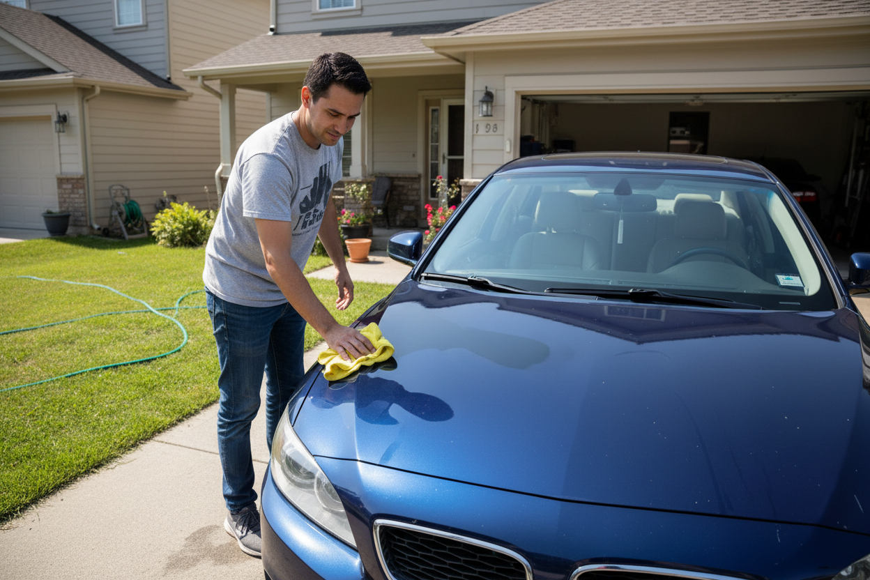 Realistic photo of a man casually wiping a car hood with a microfiber cloth in a driveway. The car looks clean and shiny but not overly perfect. Natural daylight, relaxed home environment, everyday car care moment, no text, no branding, authentic user-generated style.