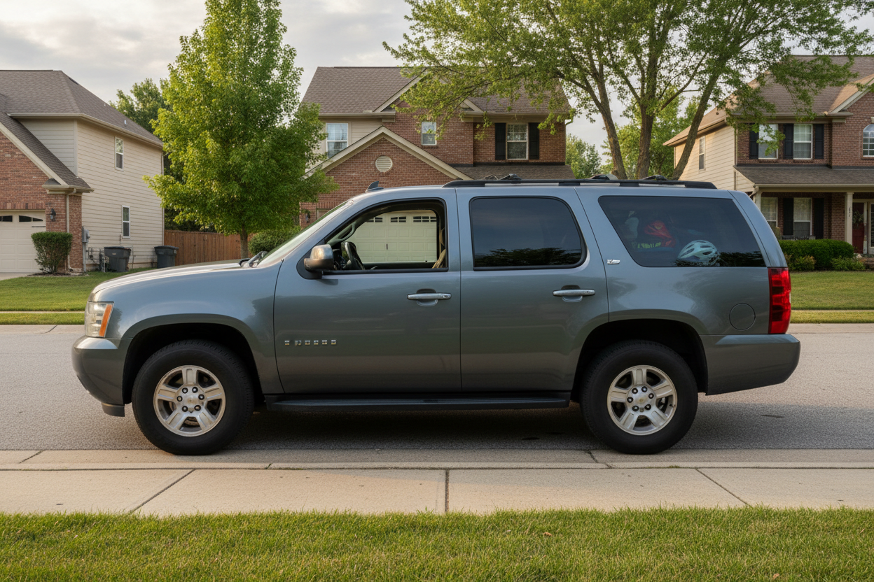 Realistic photo of a well-maintained car parked in a Chevrolet Suburban street. Clean exterior, subtle shine, normal daily-use vehicle, natural lighting, realistic and relatable look, no text, no logos, customer lifestyle photo.
